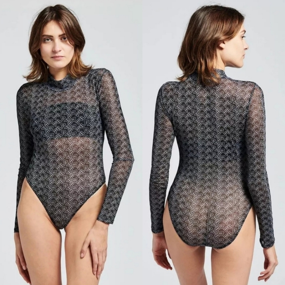 NWT Fila "Gaganga Sheer Bodysuit" Logo Black White Mock Neck | Women's Size S - Picture 1 of 11
